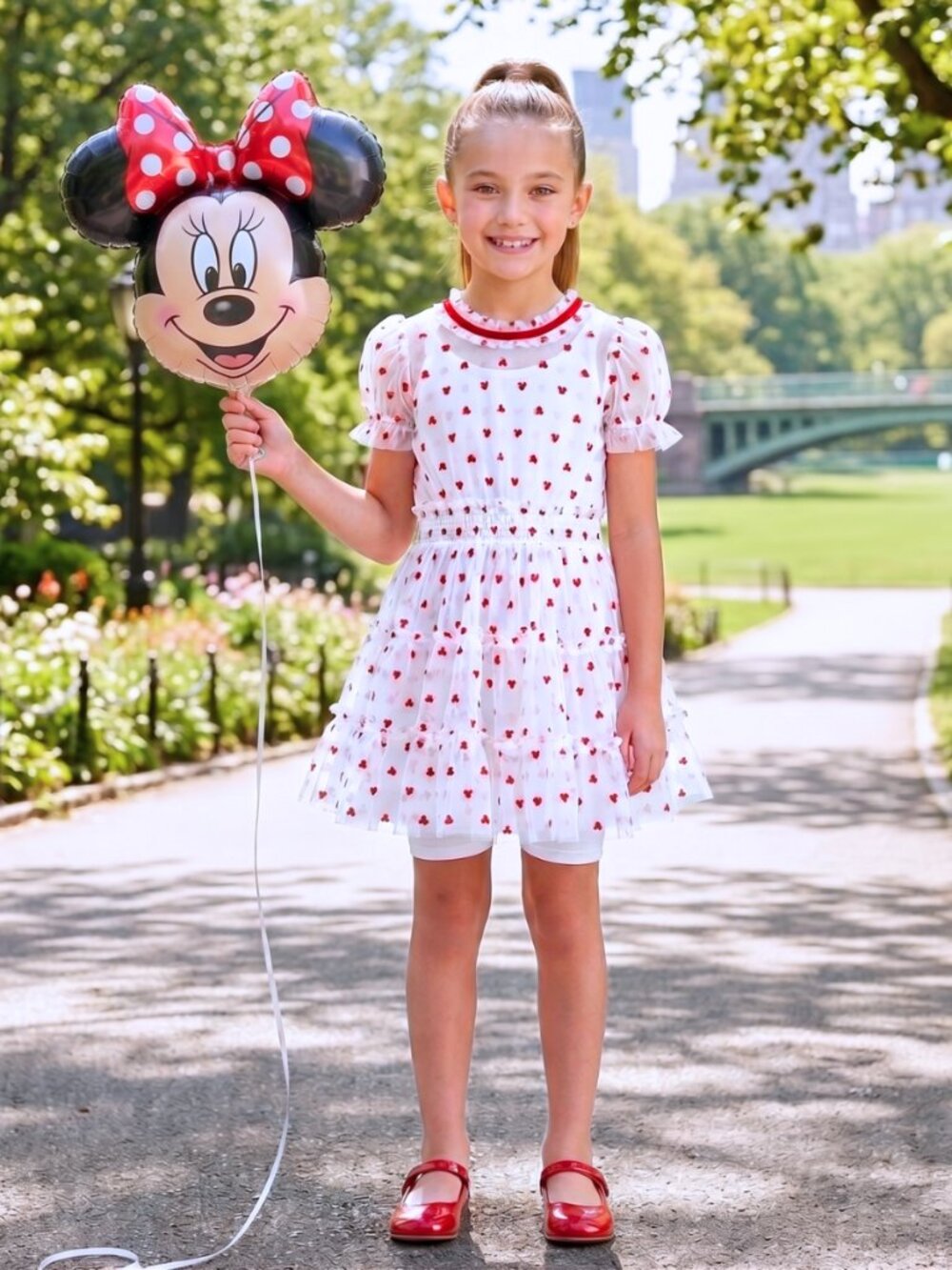 DISNEY Sheer White and Red Minnie Mouse Print Ruffle Tiered Dress Size 9/10